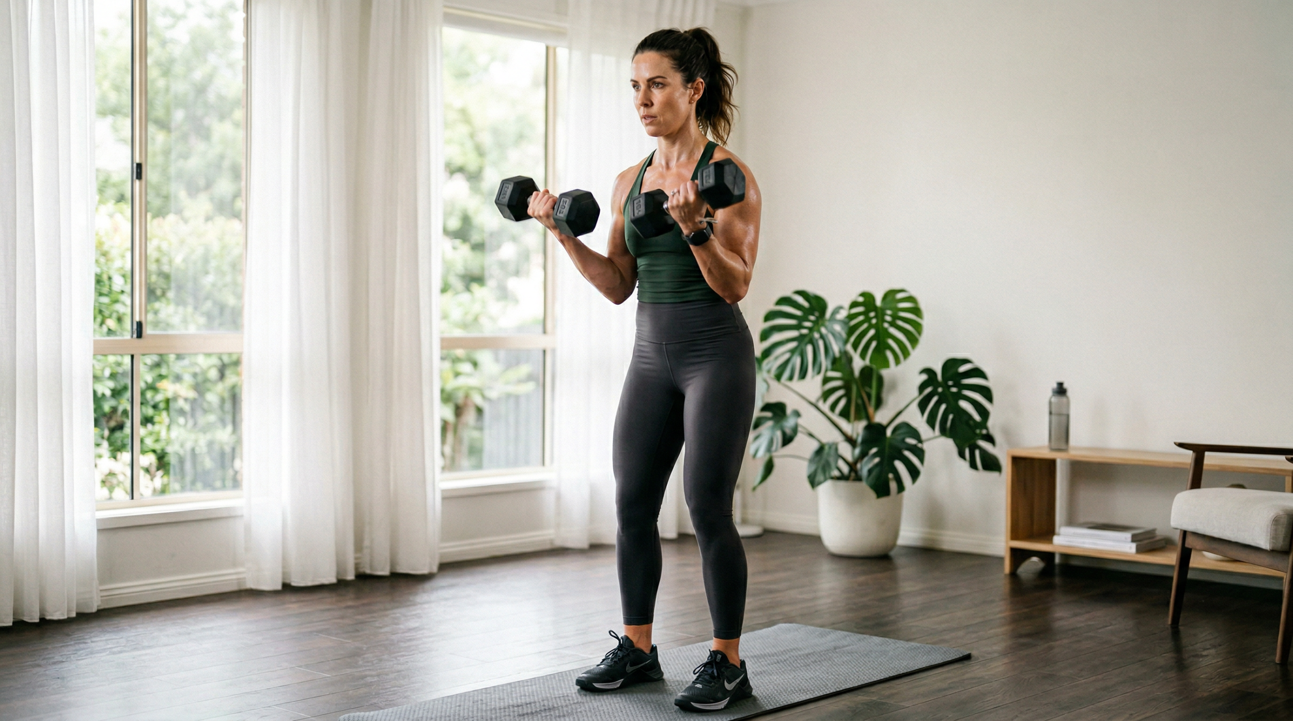 bazální metabolismus — žena cvičí se závažím doma