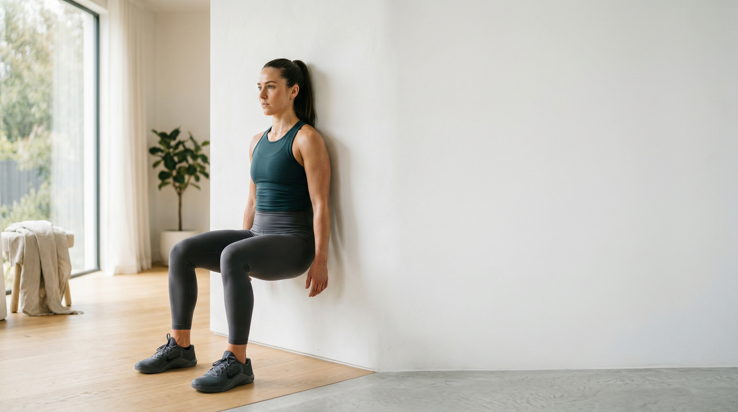 celulitída na stehnách — žena cvičí wall sit pri stene