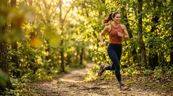 jak spálit 1000 kcal za den — žena běží po lesní stezce