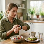Průměrně spálené kalorie: Proč jich pálíš méně? průměrně spálené kalorie — žena kontroluje fitness tracker u snídaně