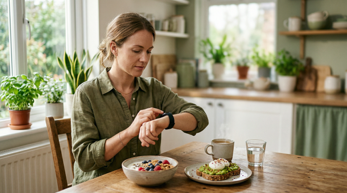 průměrně spálené kalorie — žena kontroluje fitness tracker u snídaně
